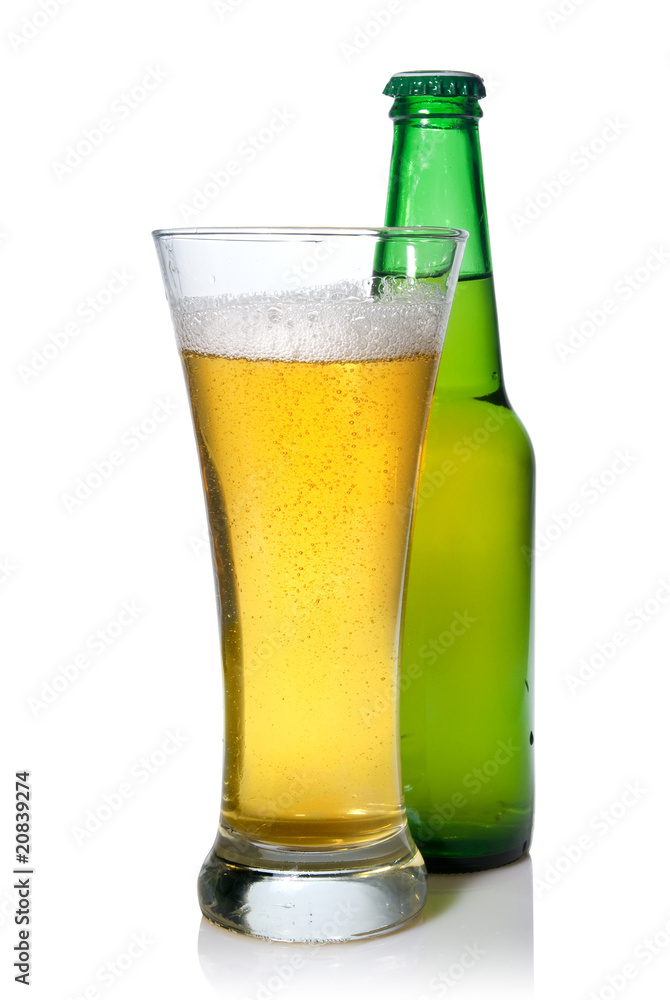 Beer in bottle and glass isolated on white Beer in bottle and glass isolated on white