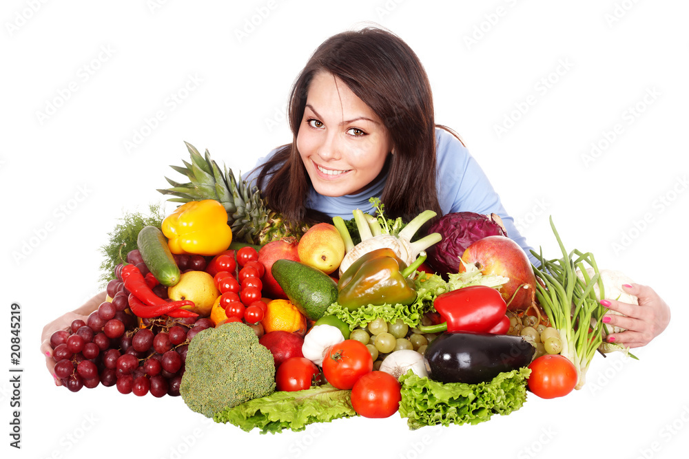 Girl with group of fruit and vegetables. Isolated. Girl with group of fruit and vegetables. Isolated.