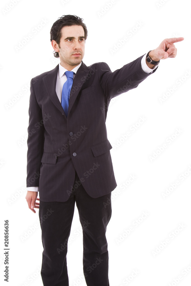 young business man in a suit pointing with his finger young business man in a suit pointing with his finger