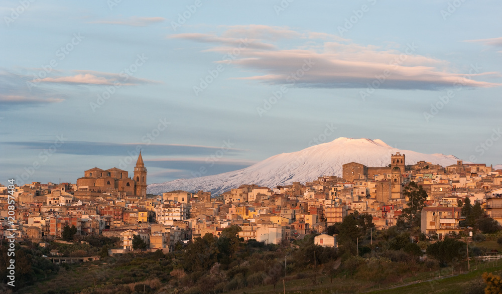View Of Village On Background Etna