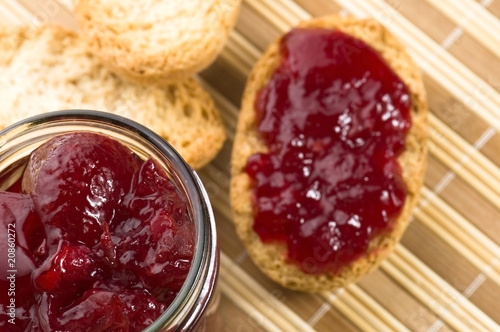 Breakfast of cherry jam on toast