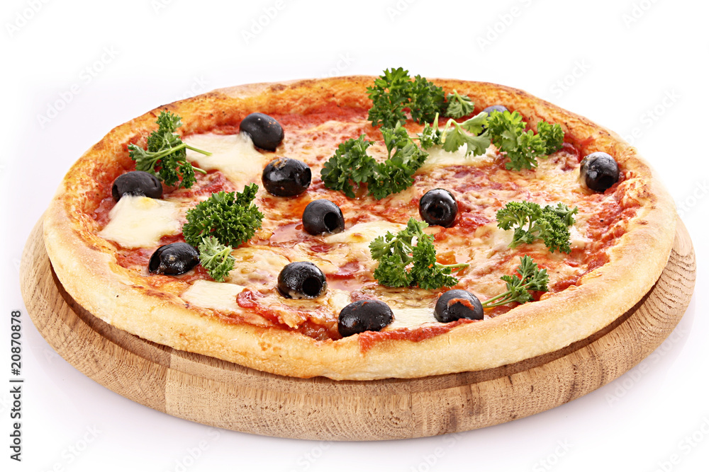 Pizza with olives .isolated on white