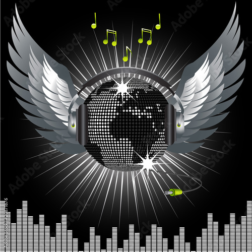 World globe disco ball with wings, headphone and jack
