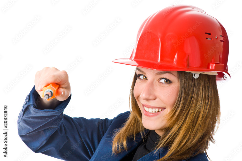 Young woman builder in orange helmet Young woman builder in orange helmet