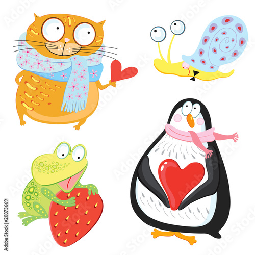 Funny animals. Vector illustration. Cat  snail  penguin  frog