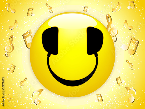 Smiley DJ Background with Music Notes and Stars.