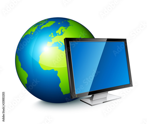ordinateur planète terre / concept communication réseau