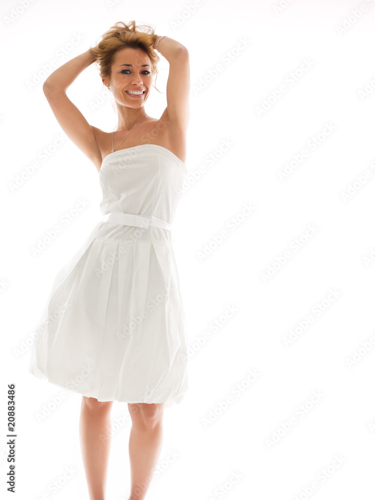 blond woman in white clothes