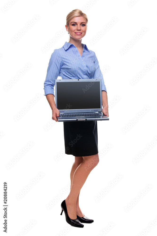 Full length woman holding laptop computer with blank screen. Full length woman holding laptop computer with blank screen.