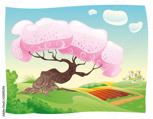 Countryside. Vector and cartoon landscape.