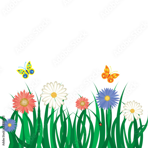 Vector background with grass, flowers and butterflies