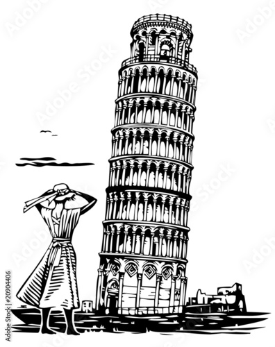 Leaning tower of Pisa with woman in striped dress