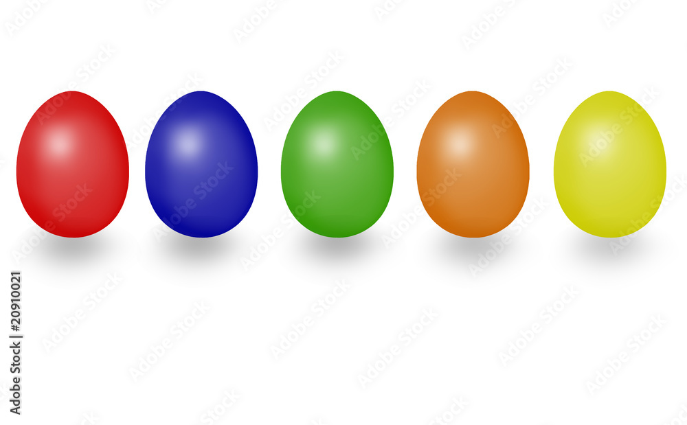 Eier, Ostereier in rot, blau, grün, orange, gelb mit Schatten Eier, Ostereier in rot, blau, grün, orange, gelb mit Schatten