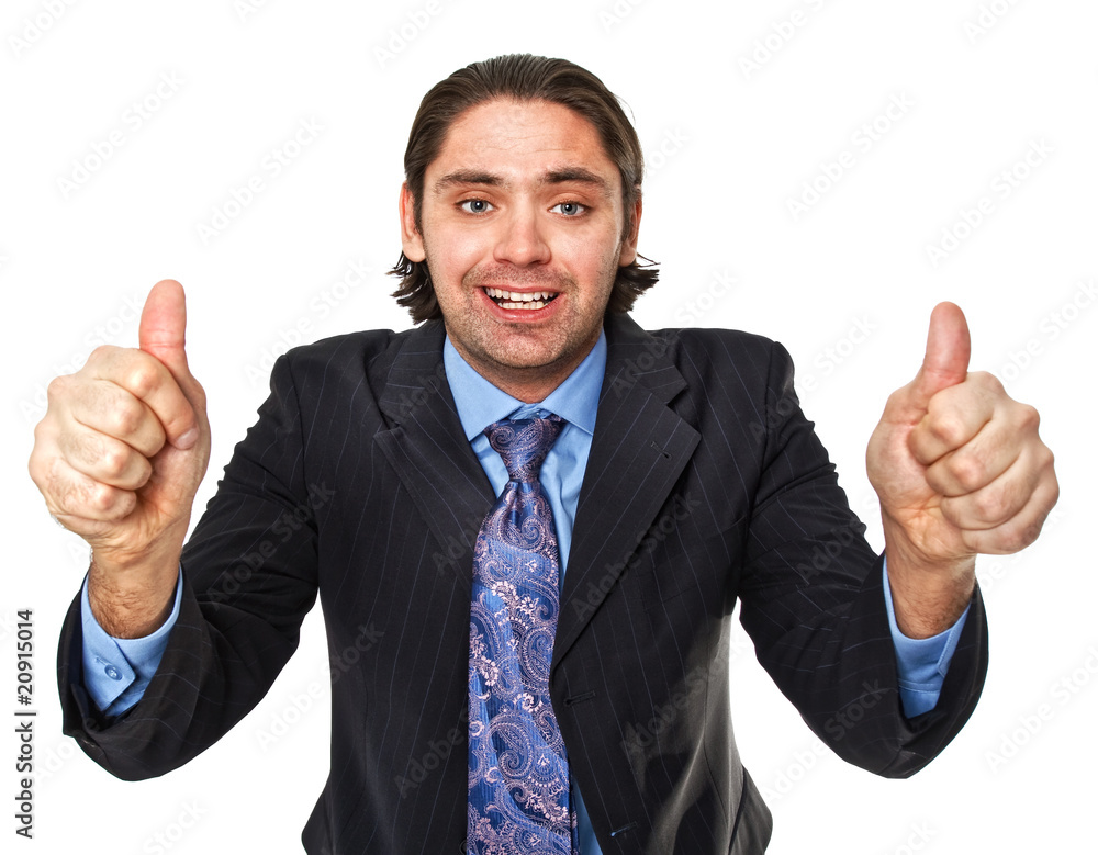 Happy businessman showing thumbs up sign on white background Happy businessman showing thumbs up sign on white background