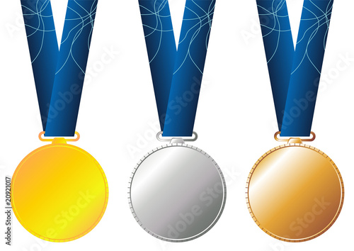 Set of gold silver and bronze medals with blue ribbon