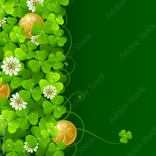 Patrick's Day background: Clover glade and golden coins 2