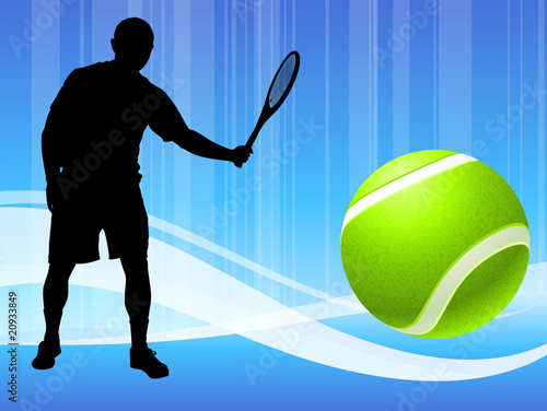 Tennis Player on Abstract Blue Wave Background
