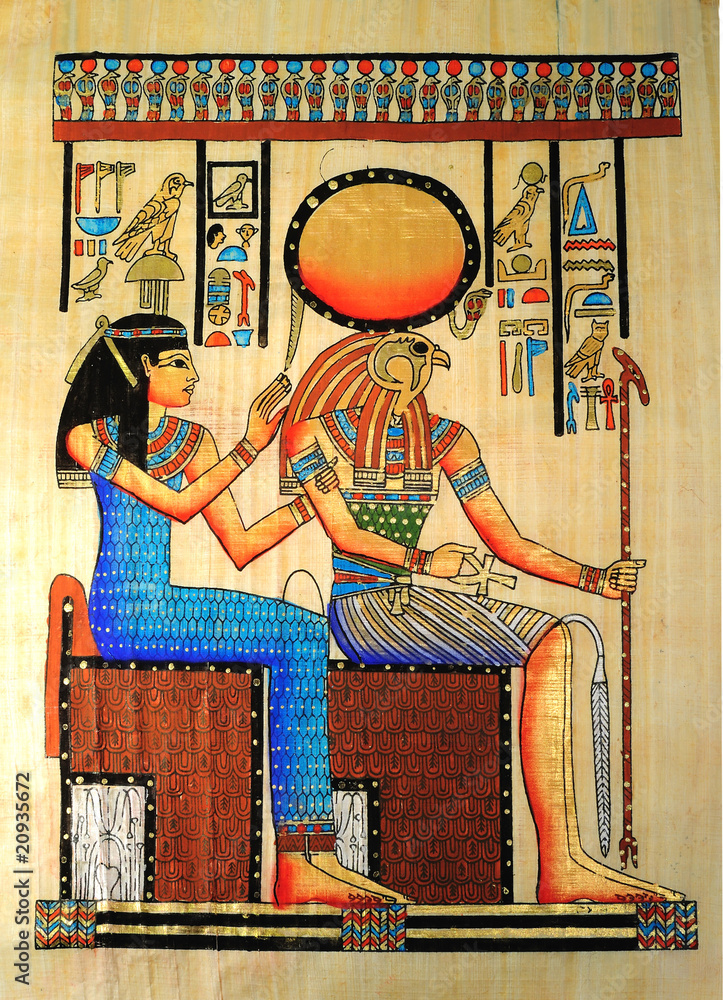 Antico papiro egiziano con Horus e regina Stock Photo