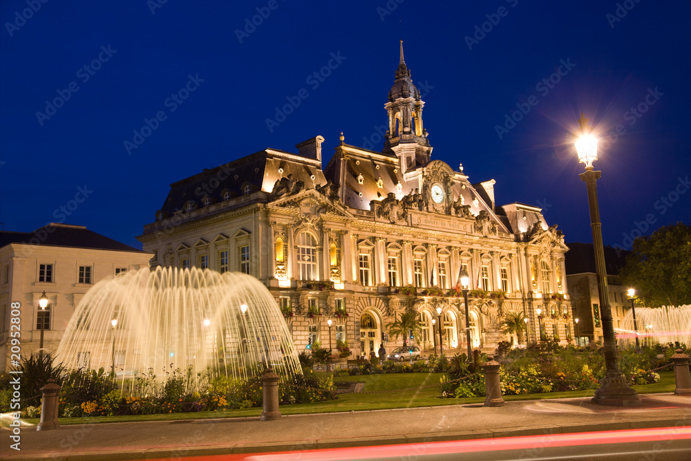 Hotel de Ville or City Hall of Tours at night, France