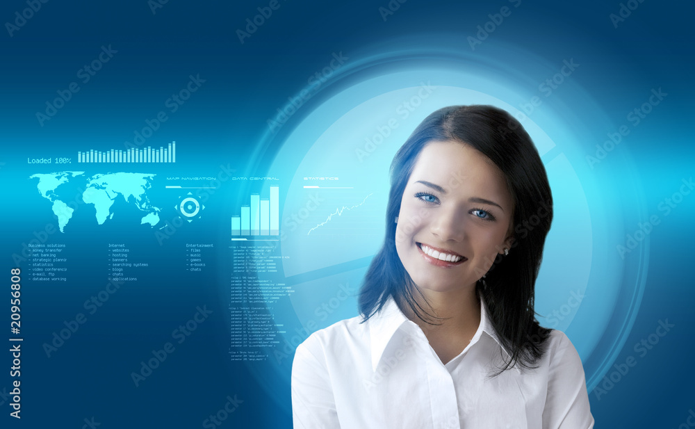 Happy smiling brunette futuristic interface Happy smiling brunette futuristic interface