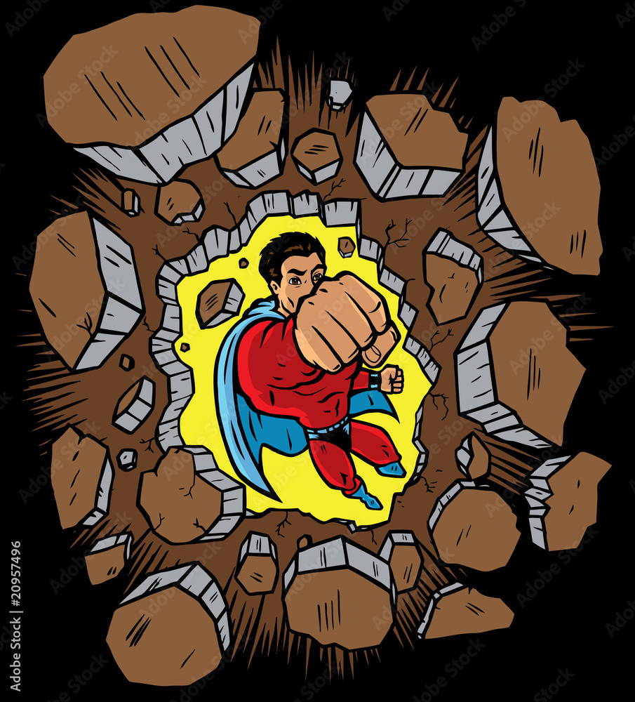 Fototapeta Superhero punching through wall