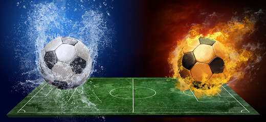 Water drops and fire flames around soccer ball on the background