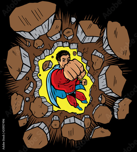 Superhero punching through wall