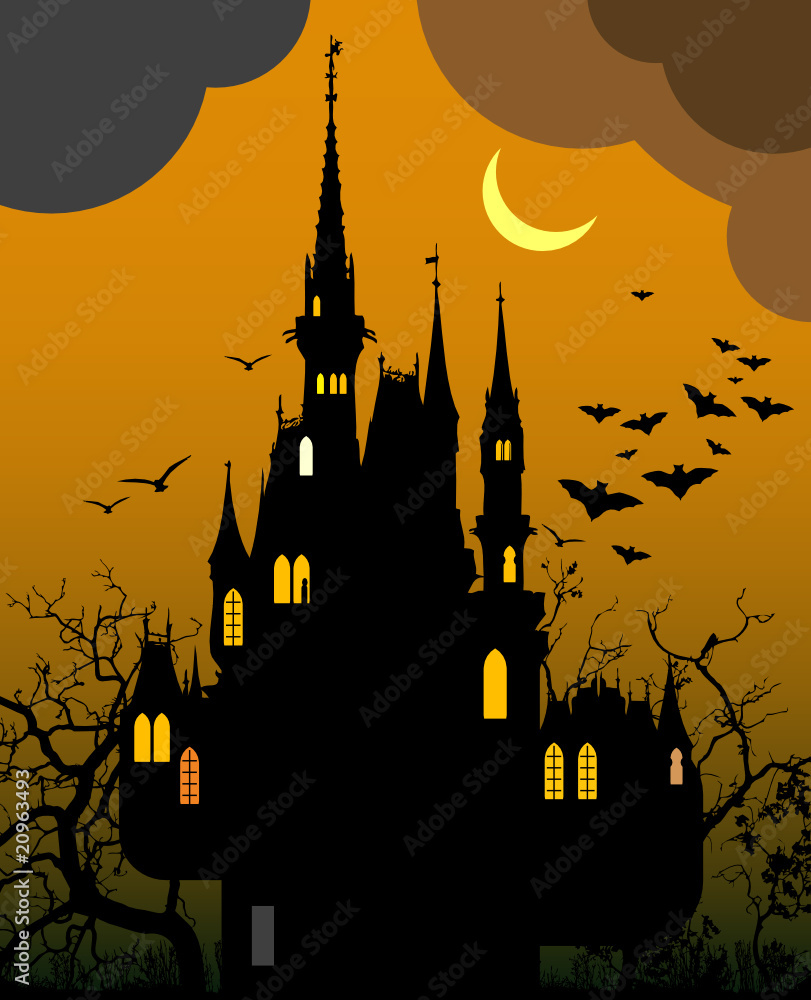 Spooky castle and bats, vector illustration