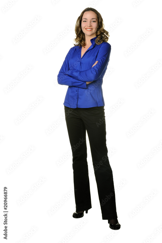 The attractive girl in trousers and dark blue shirt The attractive girl in trousers and dark blue shirt