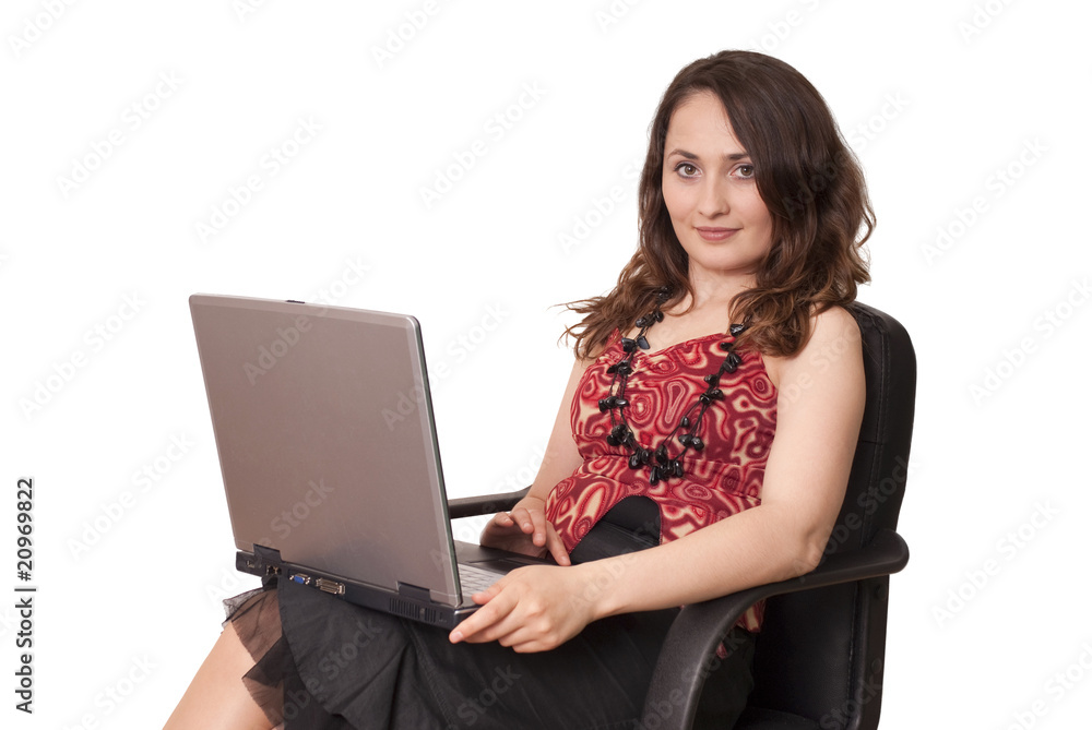 Young woman with laptop isolated on white Young woman with laptop isolated on white