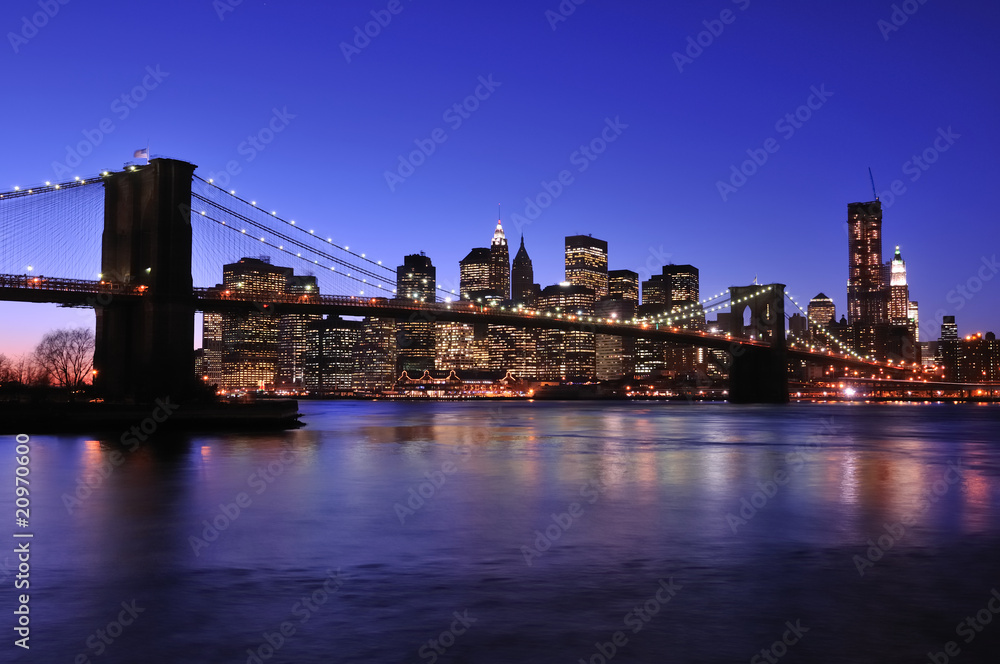 Brooklyn bridge and lower Manhattan.