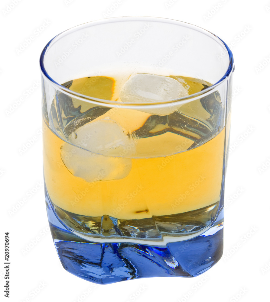 Single malt whiskey with ice cube isolated on white Single malt whiskey with ice cube isolated on white