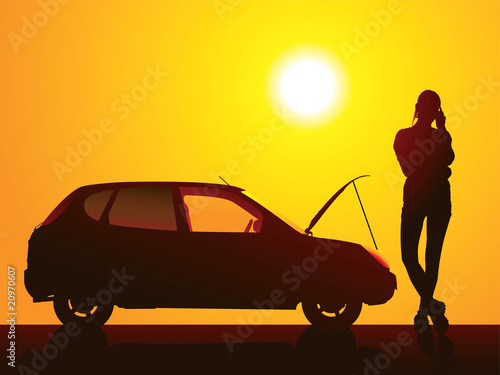 Help me! Silhouette of a young girl with a broken car.