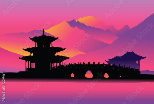 Chinese pagoda and bridge (Lijang, China)