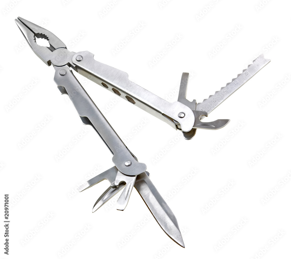 All-purpose swiss knife fully opened on white background All-purpose swiss knife fully opened on white background