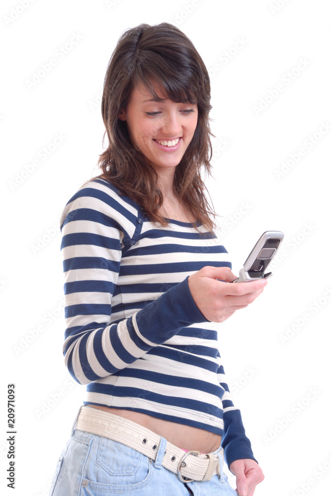 Smiling brunette and phone Smiling brunette and phone