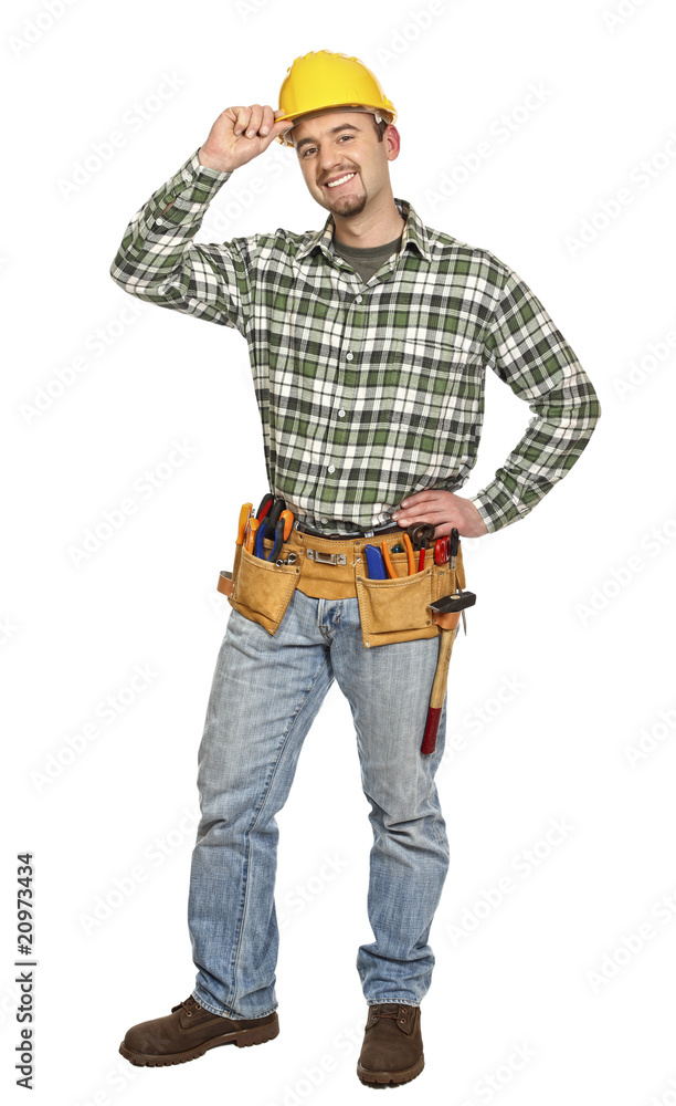 smiling caucasian handyman standing isolated white background smiling caucasian handyman standing isolated white background