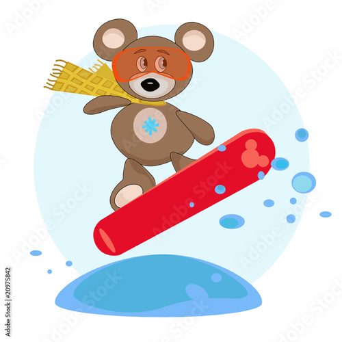 Teddy bear on snowboard.