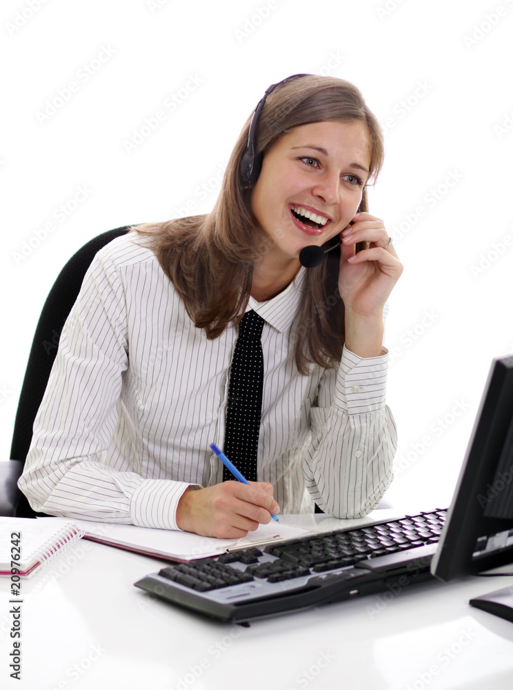 Close-up face of smiling woman in headphones