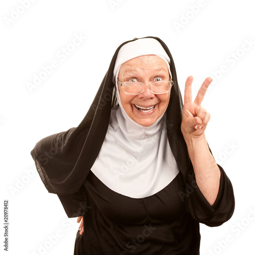 Konstfotografi Funny nun making peace sign