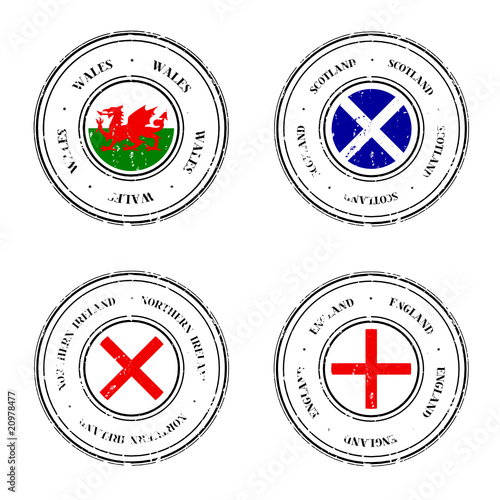 Four Grunge Rubber Stamps featuring flags of the United Kingdom
