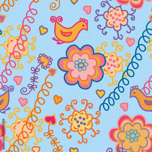Cute floral bright seamless pattern with abstract birds