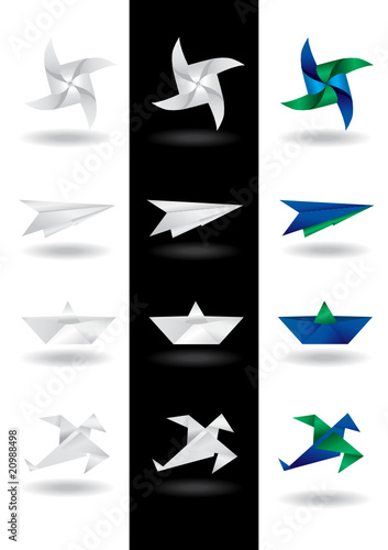 origami design elements - paper windmill, air plane, ship, bird