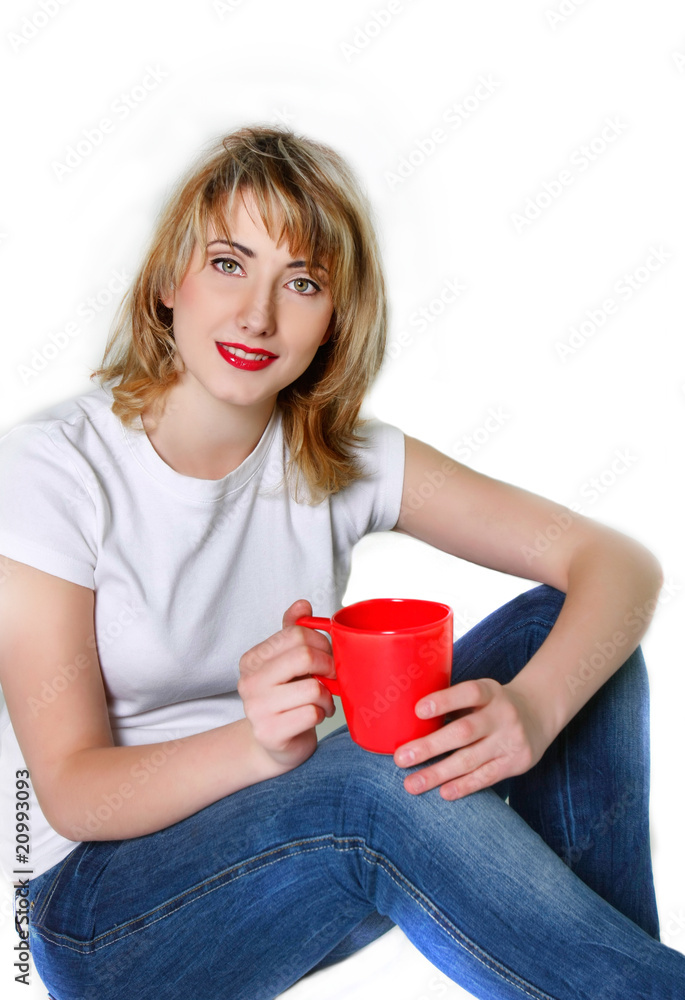 studio shot of attractive young girl with red cup over white studio shot of attractive young girl with red cup over white