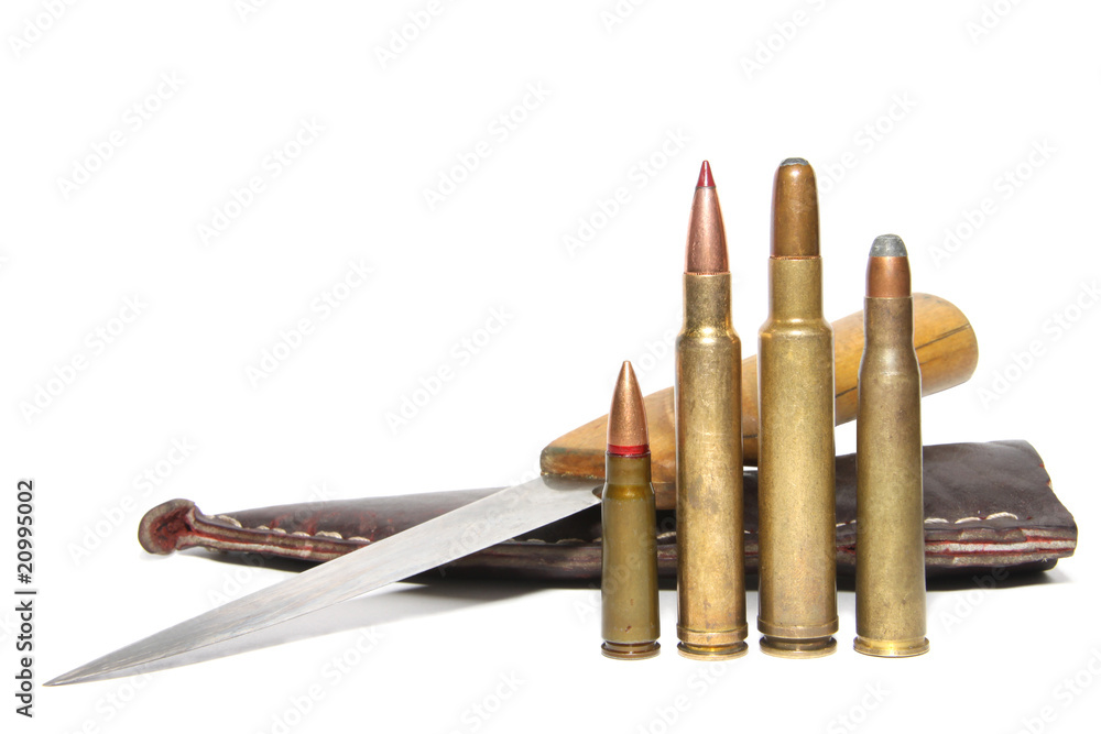 4 different caliber rifle cartridges and hunting knife 4 different caliber rifle cartridges and hunting knife