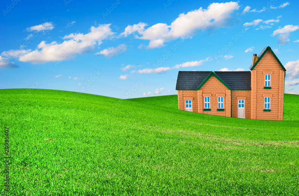 The house on a grass under and dark blue sky The house on a grass under and dark blue sky