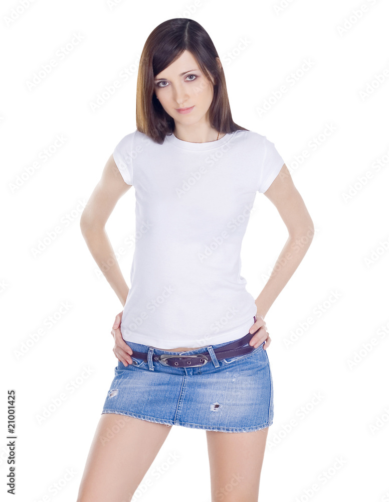 Obraz premium Lovely brunette in denim skirt