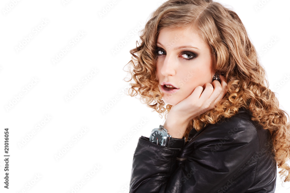 Beautiful alluring young girl in black jacket Beautiful alluring young girl in black jacket