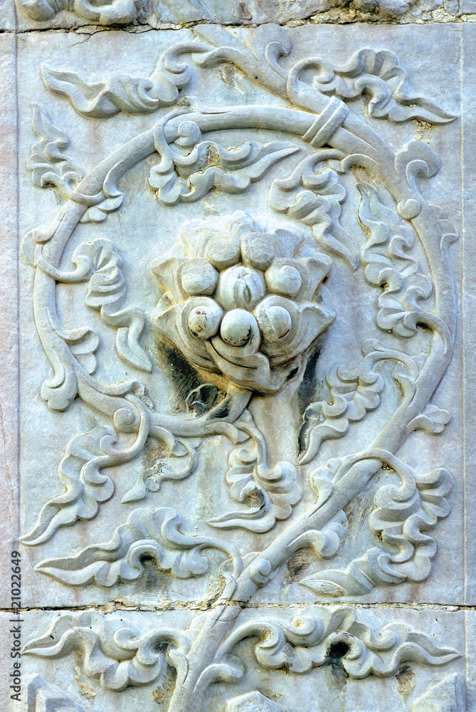 China, Beijing ancient Confucian temple carved flower.