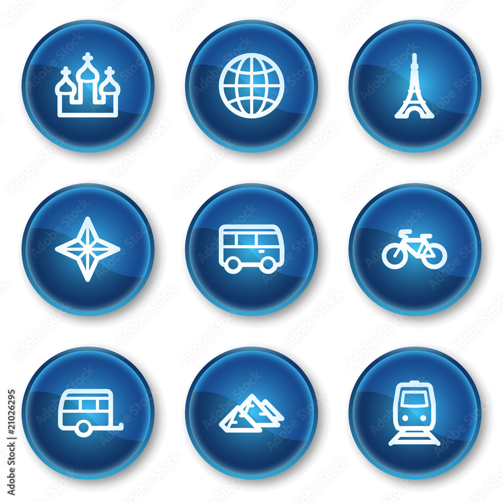 Travel web icons set 2, blue circle buttons